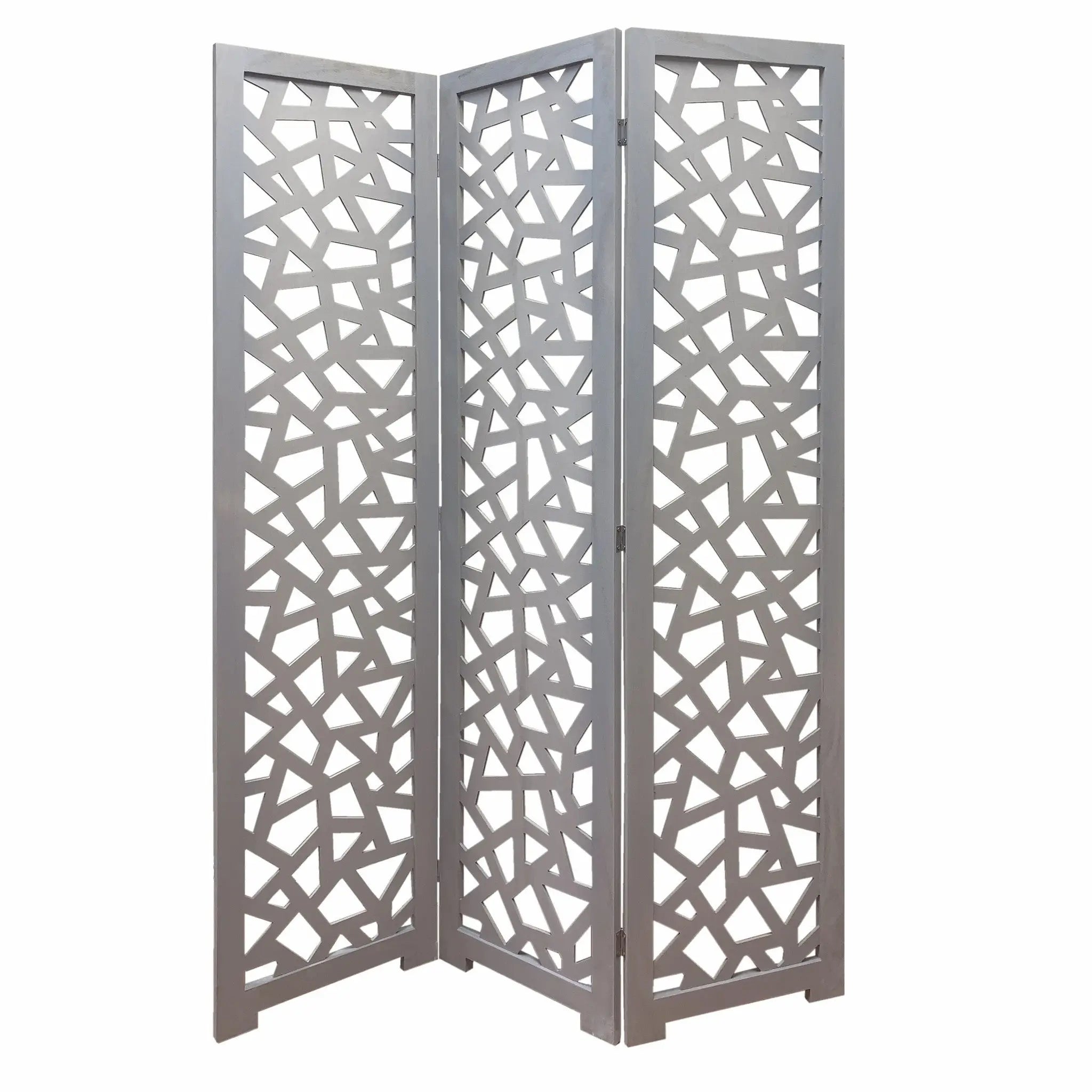 50" Gray Solid Wood Folding Three Panel Screen Room Divider - NOBLE HOME INTERIORS