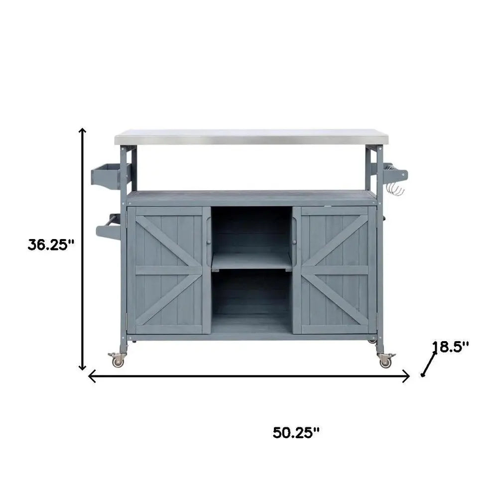 50" Light Blue Wood Barn Door Rolling Kitchen Island With Storage - NOVA HOME FURNITURE