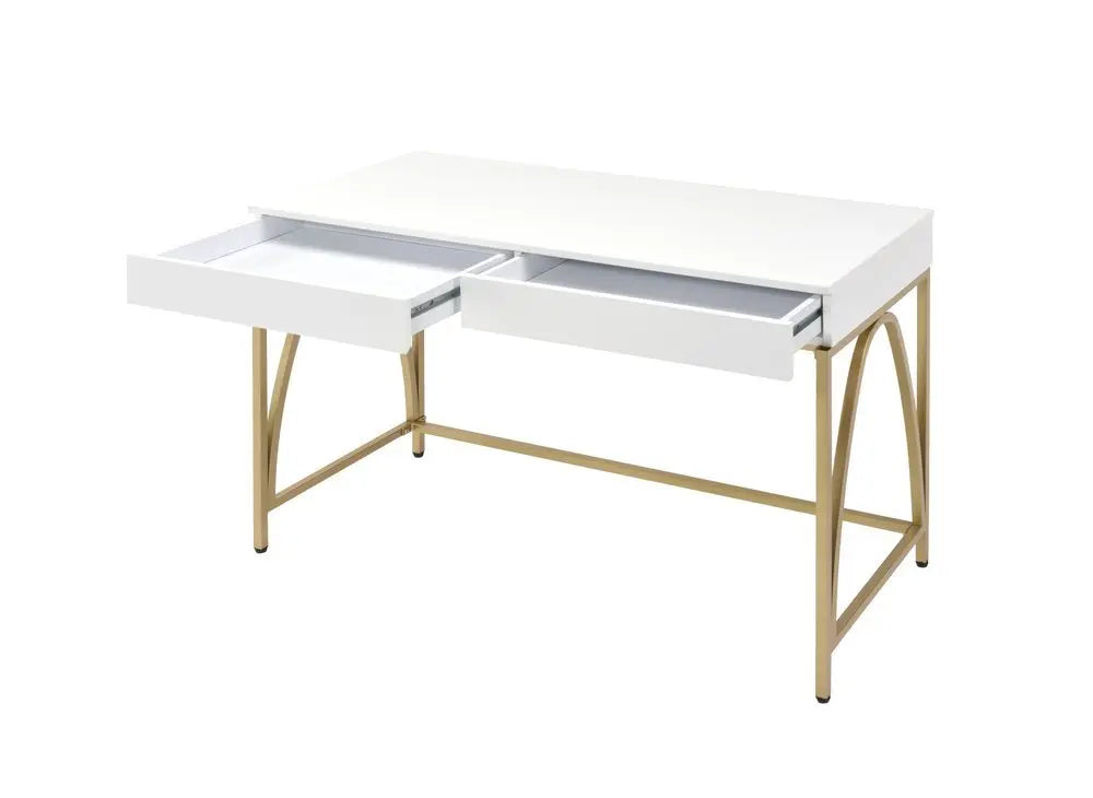 50" White and Gold Writing Desk With Two Drawers - NOBLE HOME INTERIORS