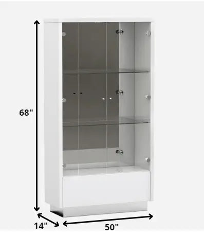 50" White and Silver Wood Curio Cabinet With Two Doors And One Drawer - NOVA HOME FURNITURE