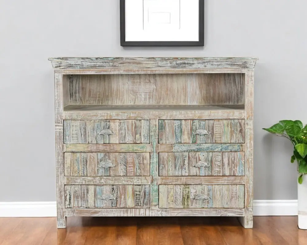50" White Distressed Reclaimed Wood Open And Enclosed Storage Entertainment Center - NOVA HOME FURNITURE