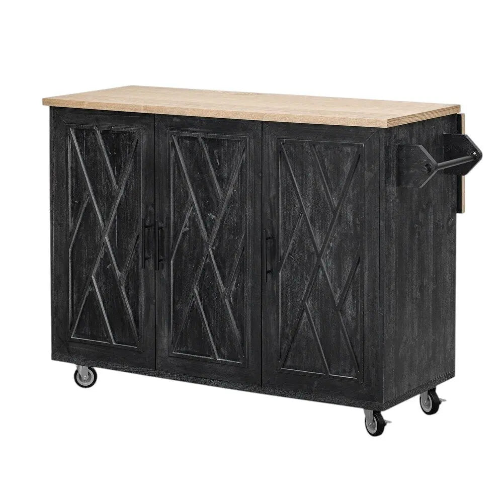 51" Black Wood Barn Door Rolling Kitchen Island - NOVA HOME FURNITURE