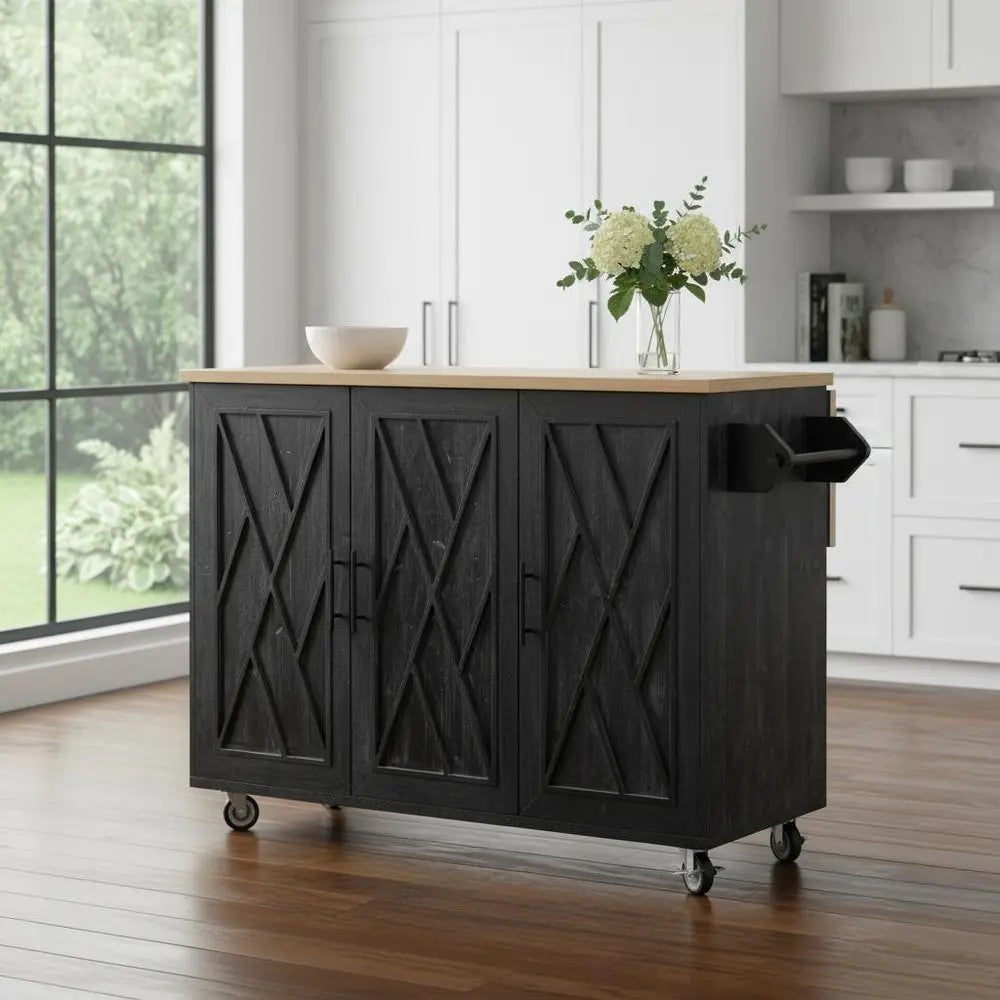 51" Black Wood Barn Door Rolling Kitchen Island - NOVA HOME FURNITURE