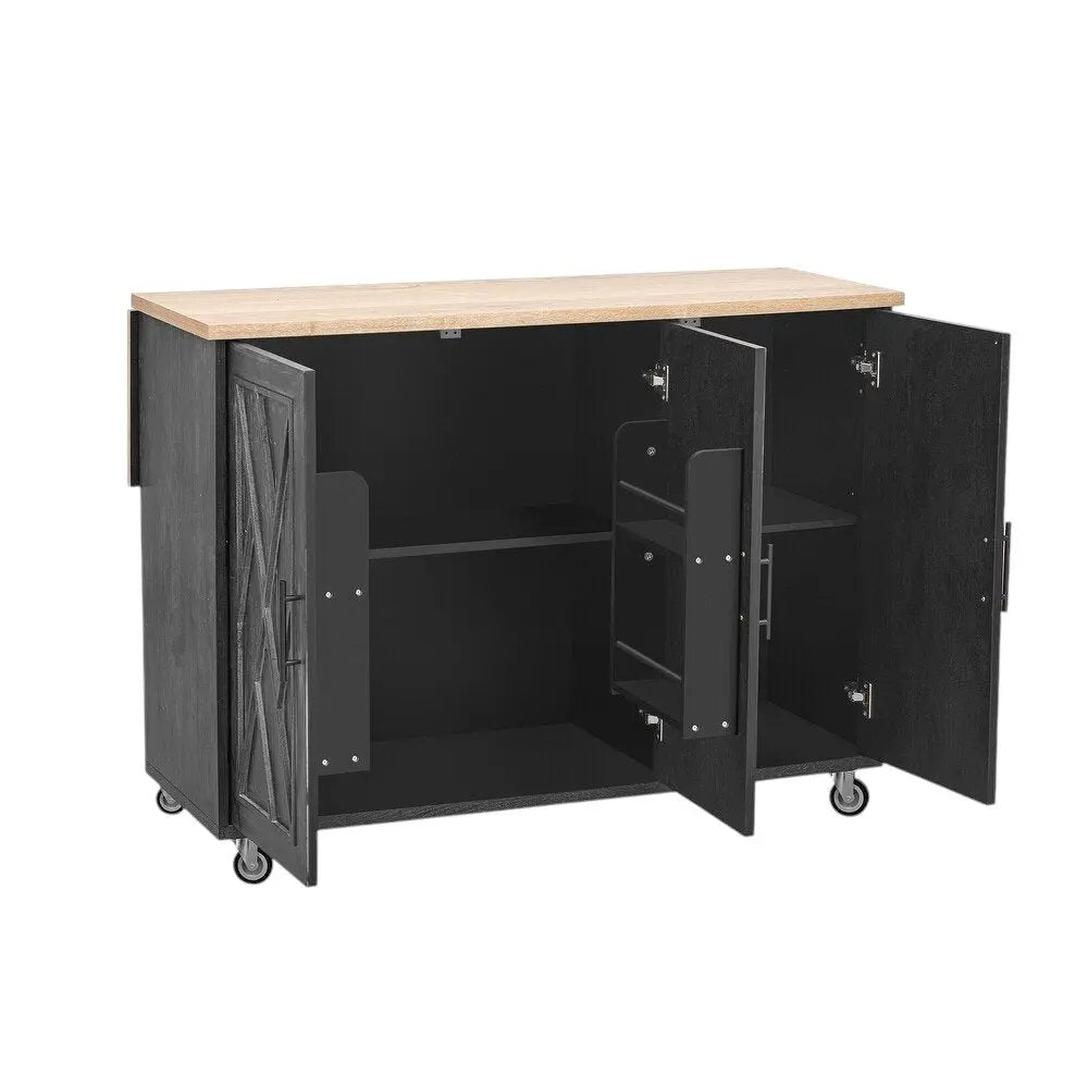 51" Black Wood Barn Door Rolling Kitchen Island - NOVA HOME FURNITURE