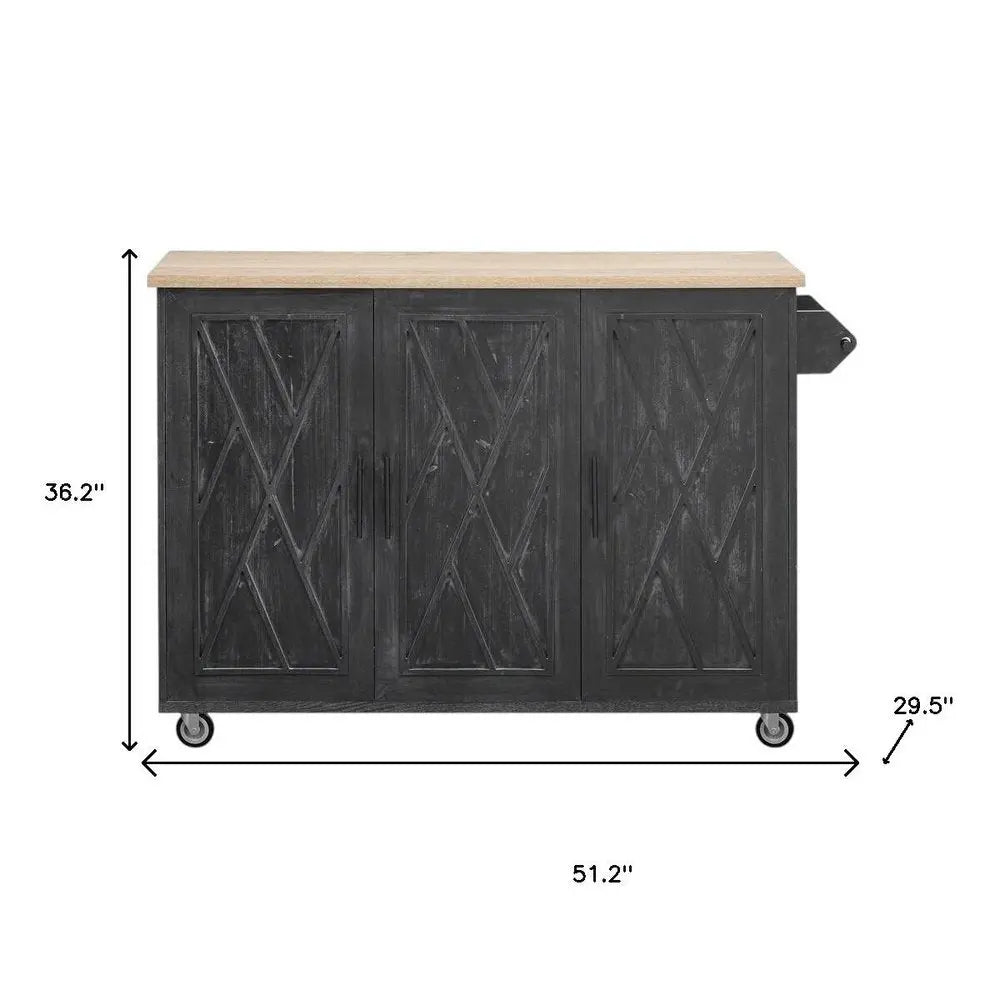 51" Black Wood Barn Door Rolling Kitchen Island - NOVA HOME FURNITURE