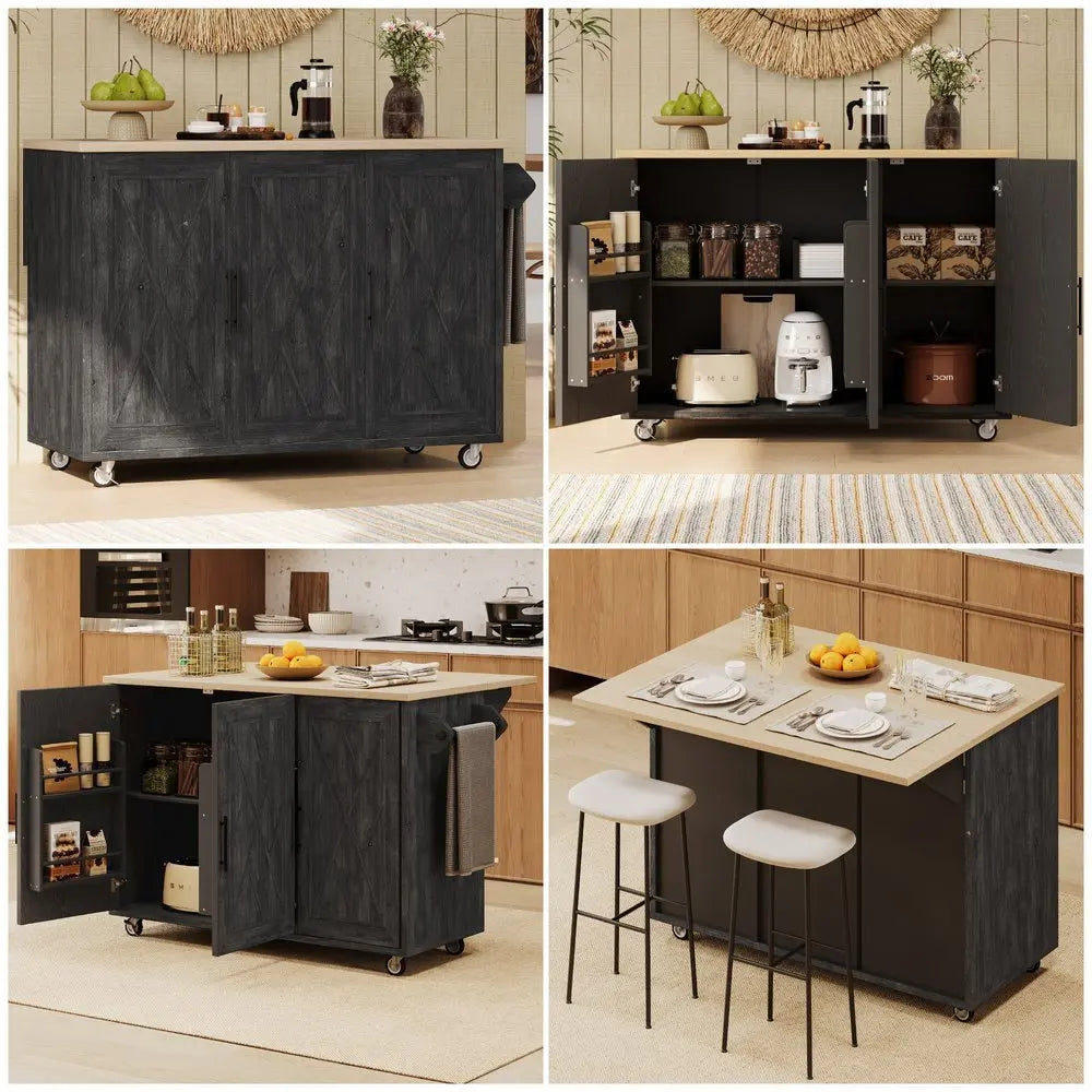 51" Black Wood Barn Door Rolling Kitchen Island - NOVA HOME FURNITURE