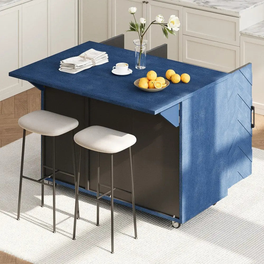 51" Blue Wood Barn Door Rolling Kitchen Island - NOVA HOME FURNITURE