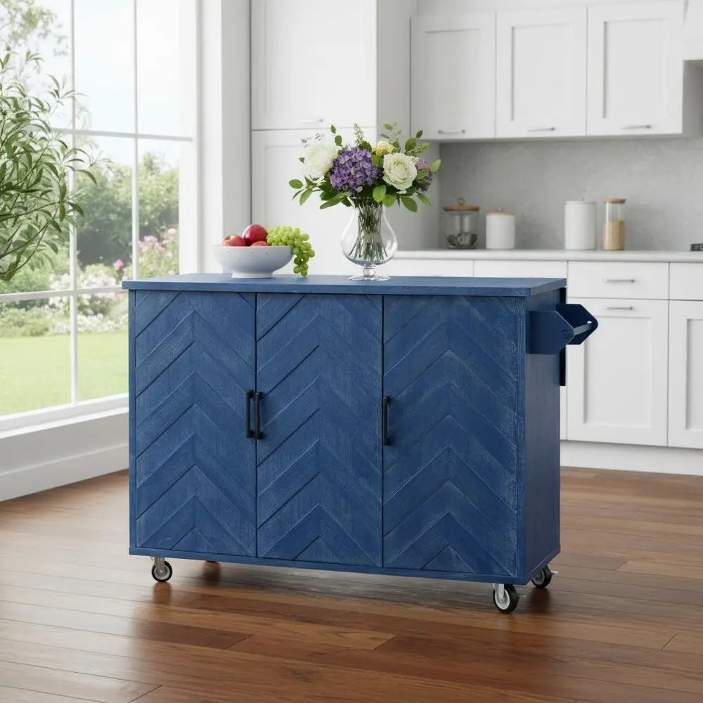 51" Blue Wood Barn Door Rolling Kitchen Island - NOVA HOME FURNITURE