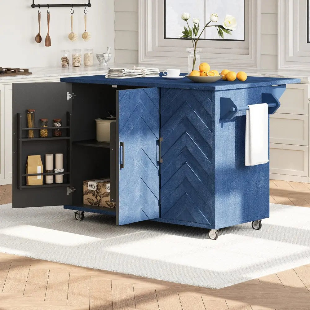 51" Blue Wood Barn Door Rolling Kitchen Island - NOVA HOME FURNITURE