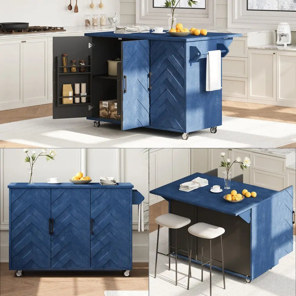 51" Blue Wood Barn Door Rolling Kitchen Island - NOVA HOME FURNITURE