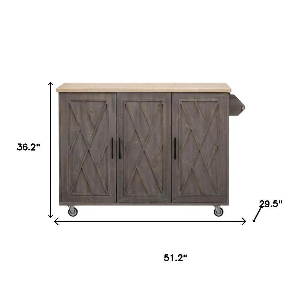 51" Brown Wood Barn Door Rolling Kitchen Island - NOVA HOME FURNITURE