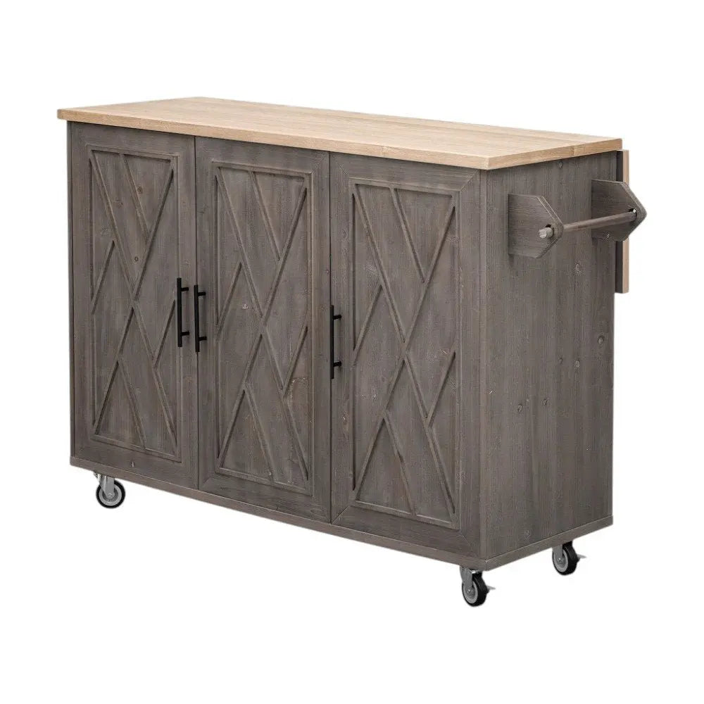 51" Brown Wood Barn Door Rolling Kitchen Island - NOVA HOME FURNITURE