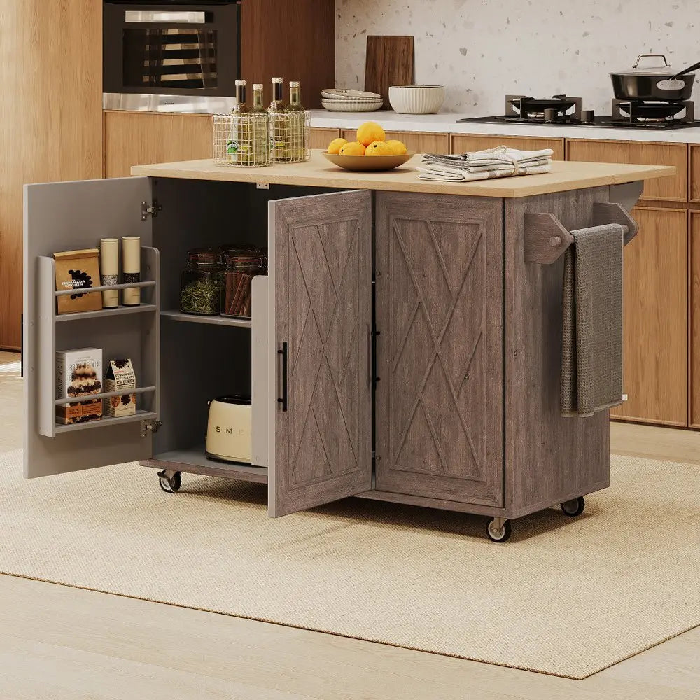 51" Brown Wood Barn Door Rolling Kitchen Island - NOVA HOME FURNITURE