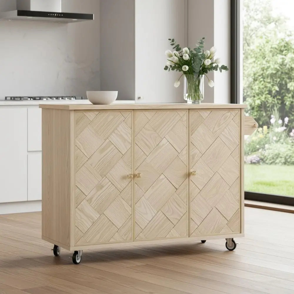 51" Natural Wood Barn Door Rolling Kitchen Island - NOVA HOME FURNITURE