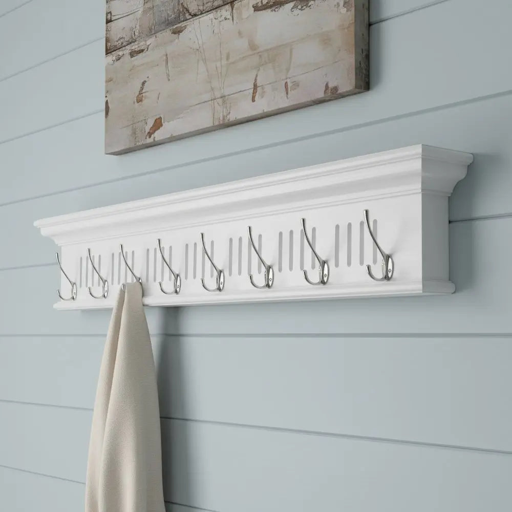 51" White Solid Wood Eight Hook Wall Mount Coat Rack - NOBLE HOME INTERIORS