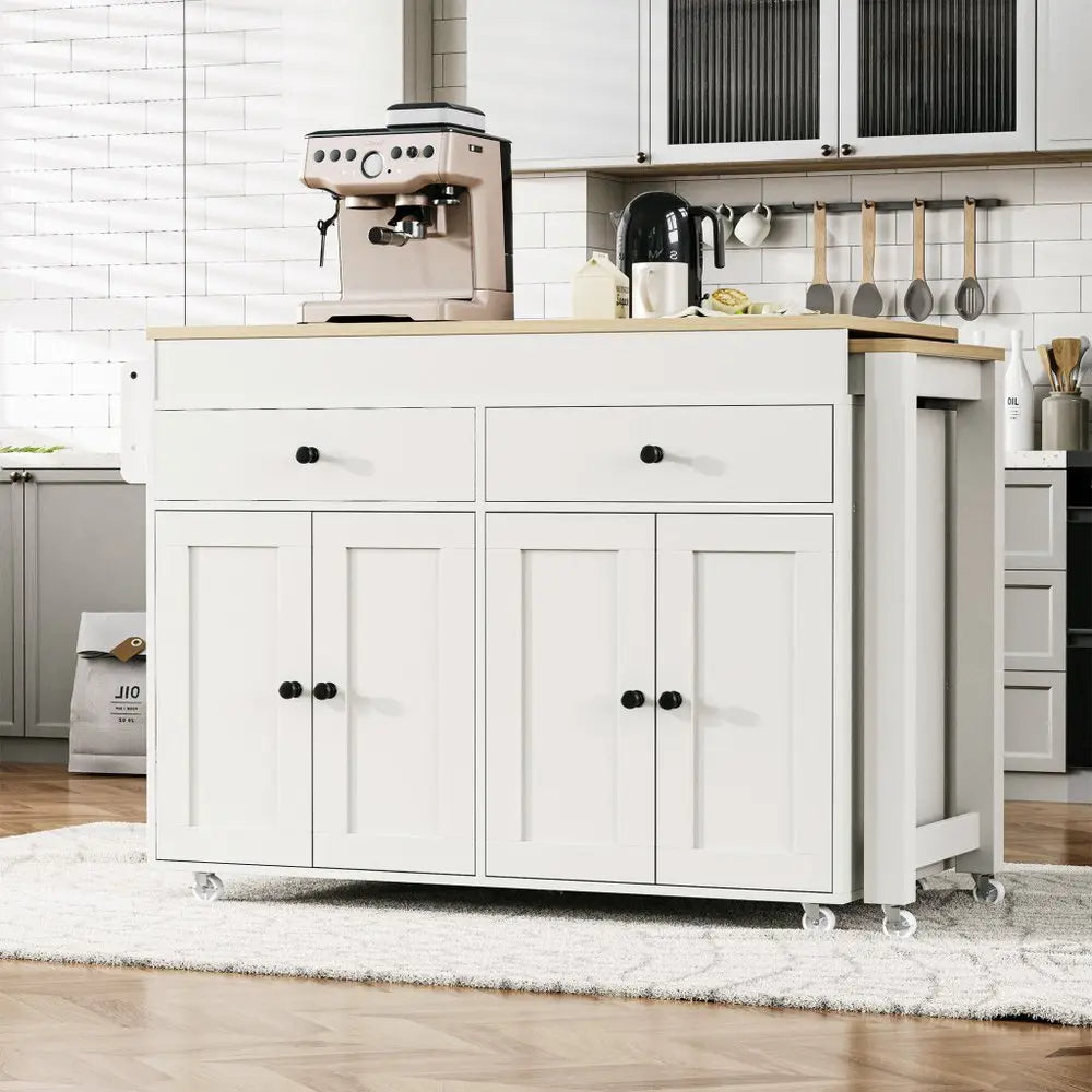 51" White Wood Barn Door Rolling Kitchen Island - NOVA HOME FURNITURE