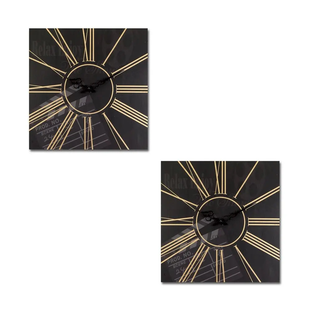 Set of Two Black And Gold Wood Analog Square Cinema Wall Clocks HomeRoots