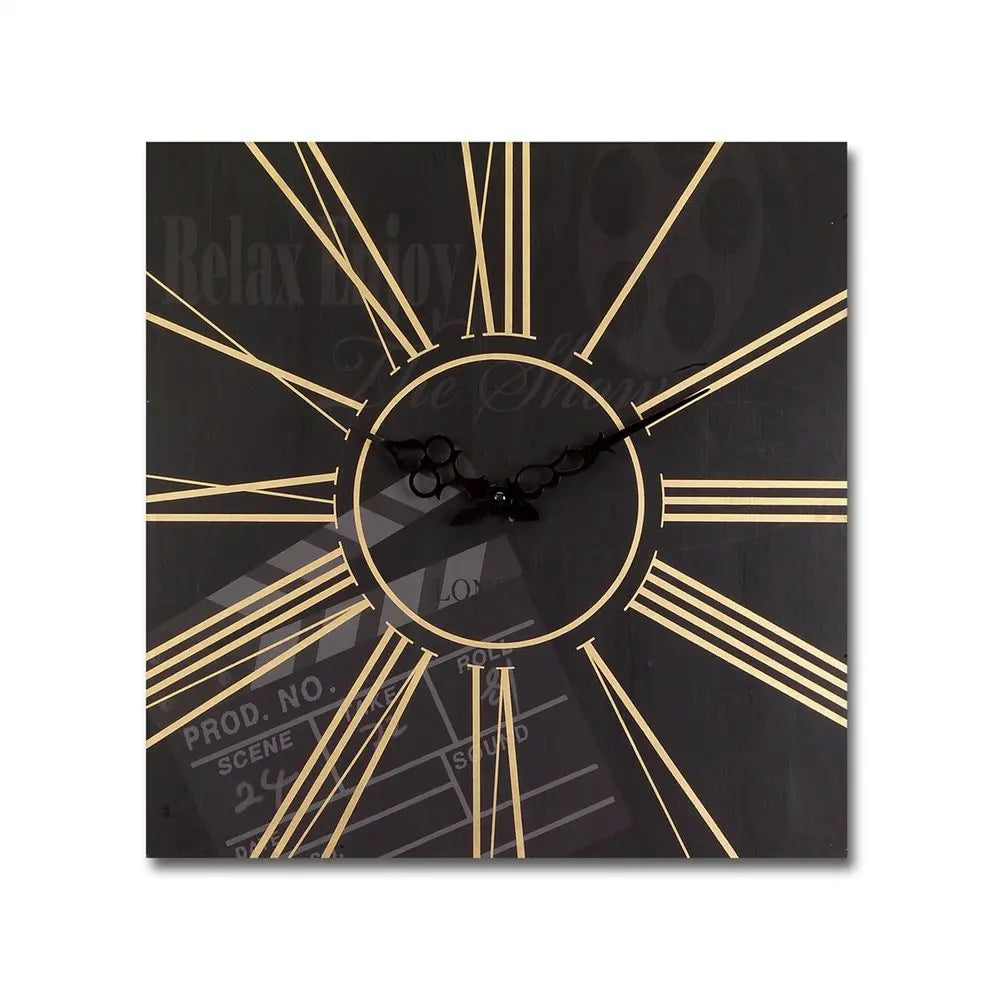 Set of Two Black And Gold Wood Analog Square Cinema Wall Clocks HomeRoots