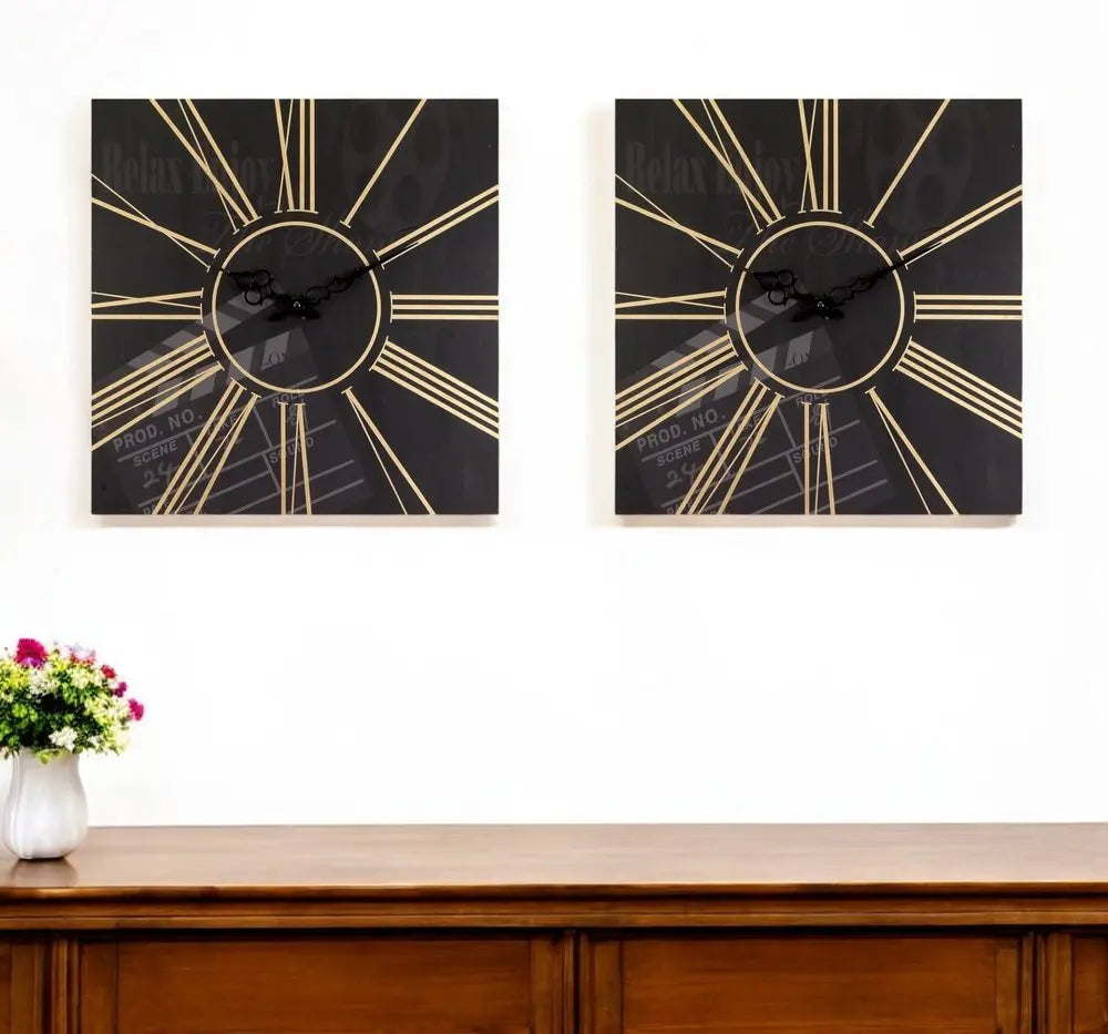Set of Two Black And Gold Wood Analog Square Cinema Wall Clocks HomeRoots