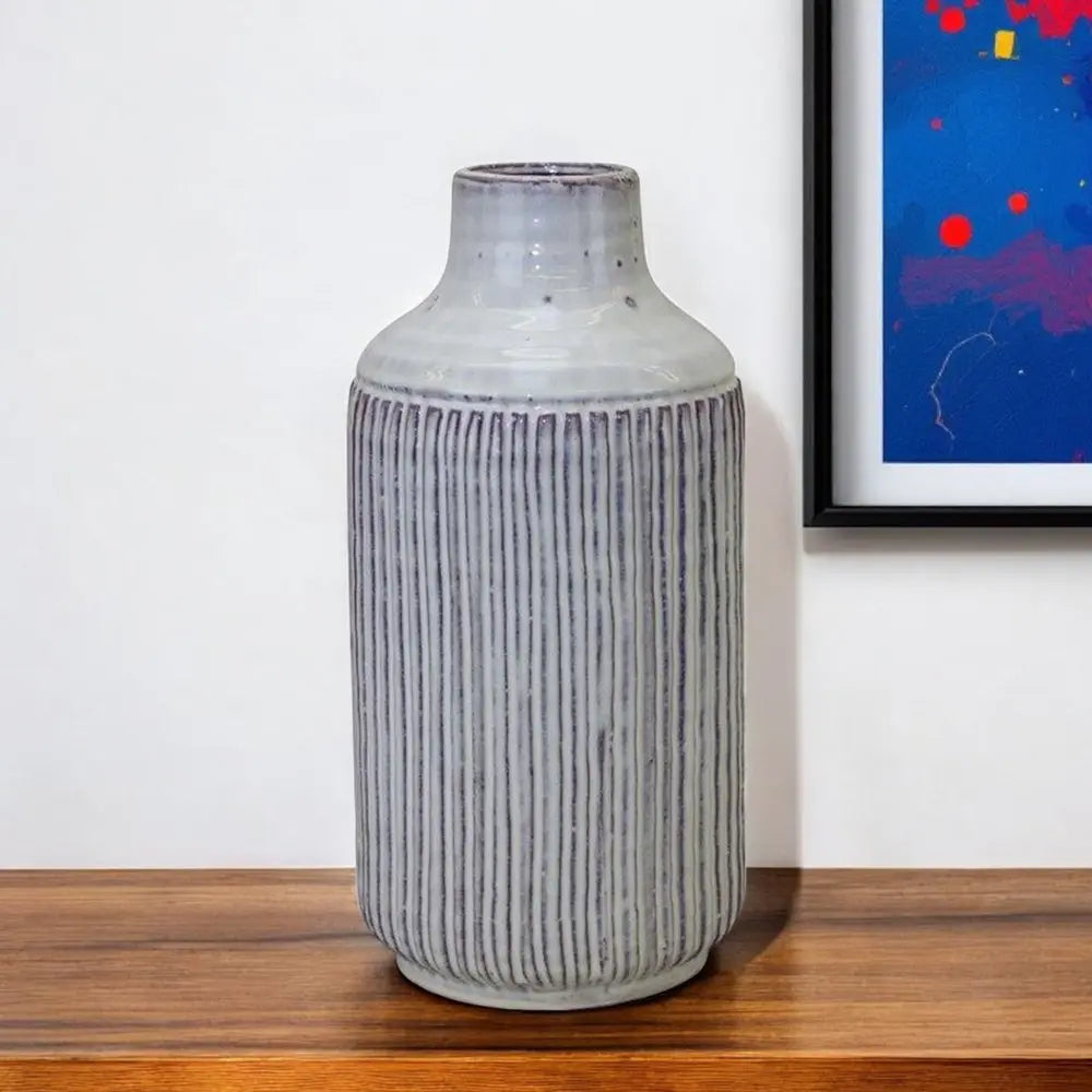 12" Gray And Brown Ribbed Terracotta Cylinder Table Vase HomeRoots