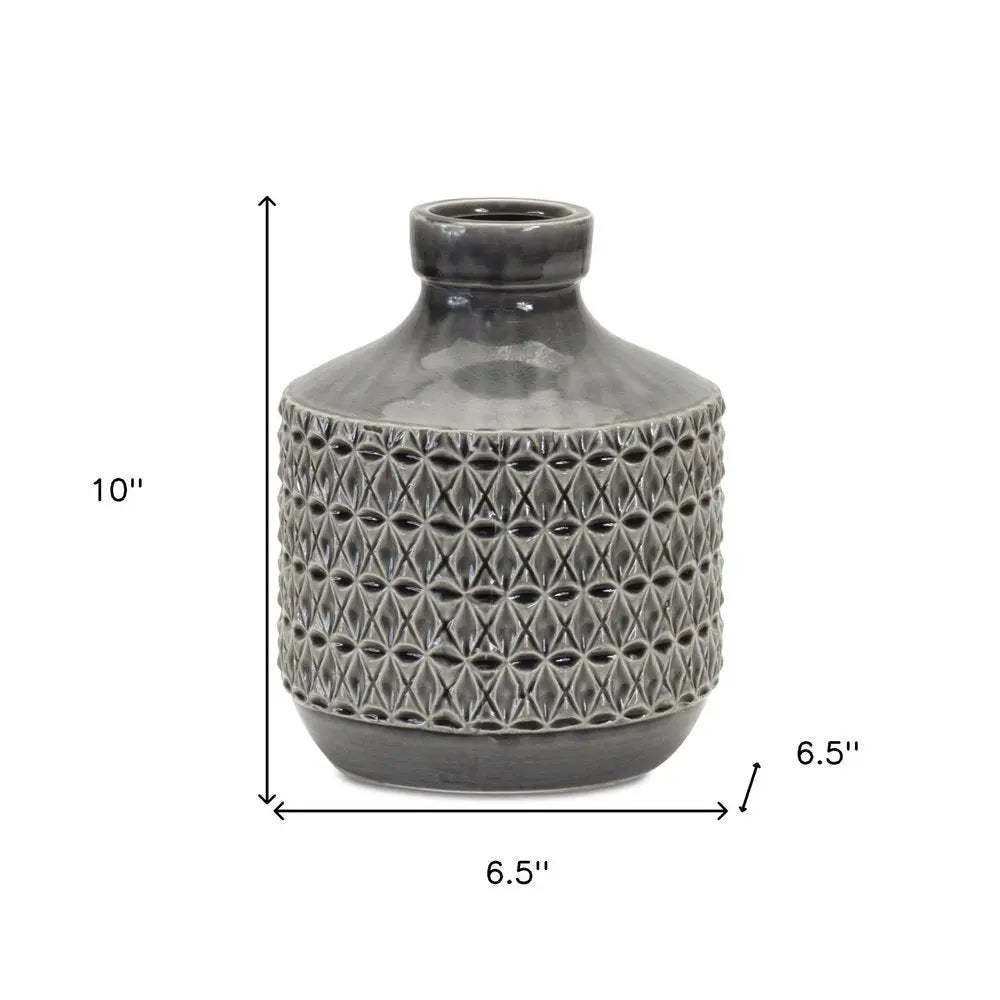 Jarrón de mesa de terracota con diseño geométrico de capullos grises de 10"