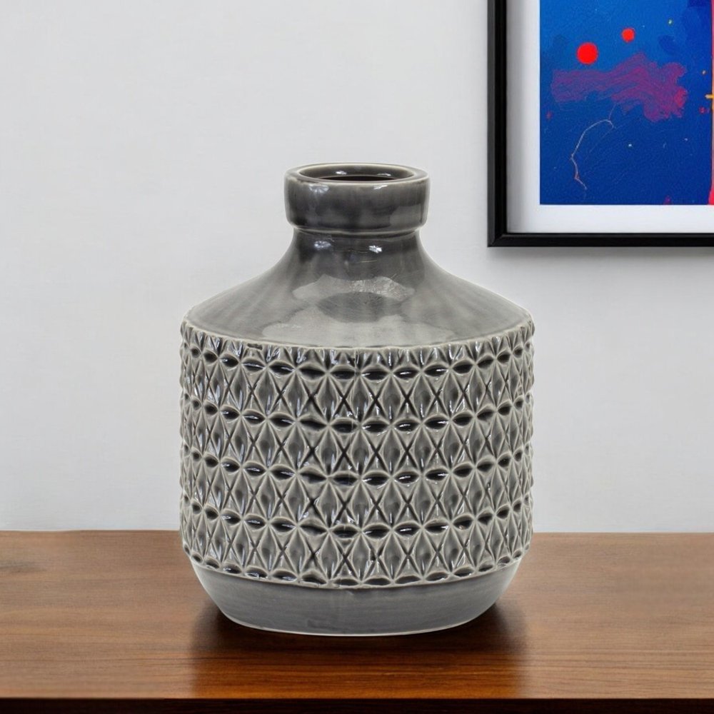 Jarrón de mesa de terracota con diseño geométrico de capullos grises de 10"