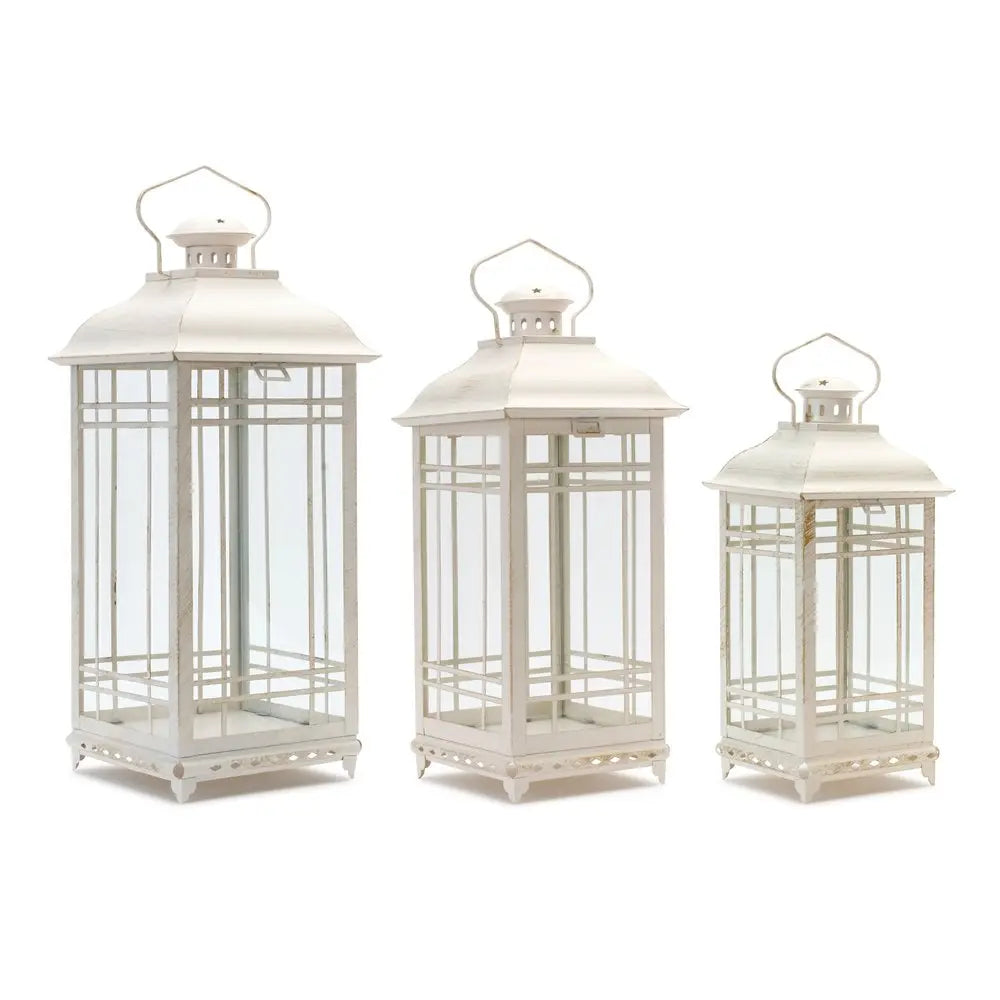 Set of Three Ivory Metal Mirrored Floor Lantern Candle Holders HomeRoots