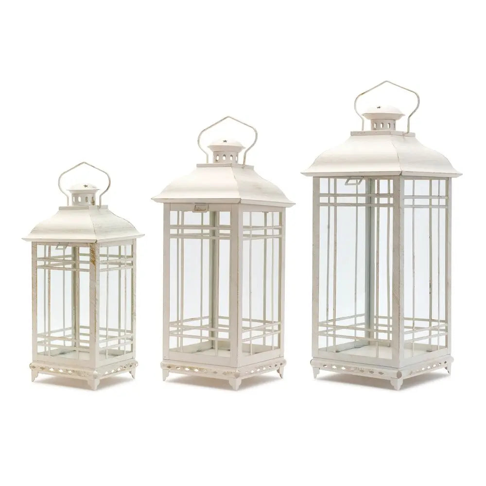Set of Three Ivory Metal Mirrored Floor Lantern Candle Holders HomeRoots