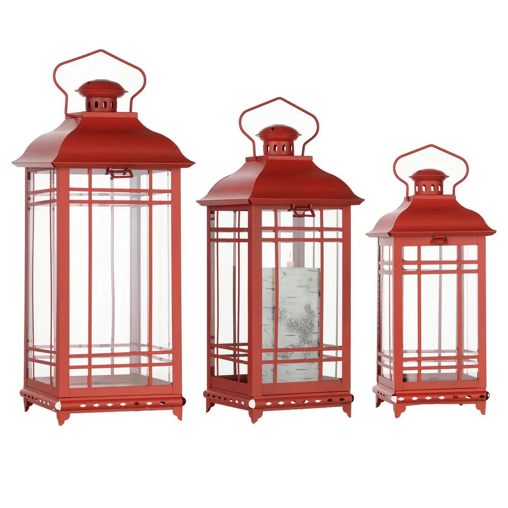 Set of Three Red Geometric Glass And Metal Floor Lantern Candle Holders HomeRoots