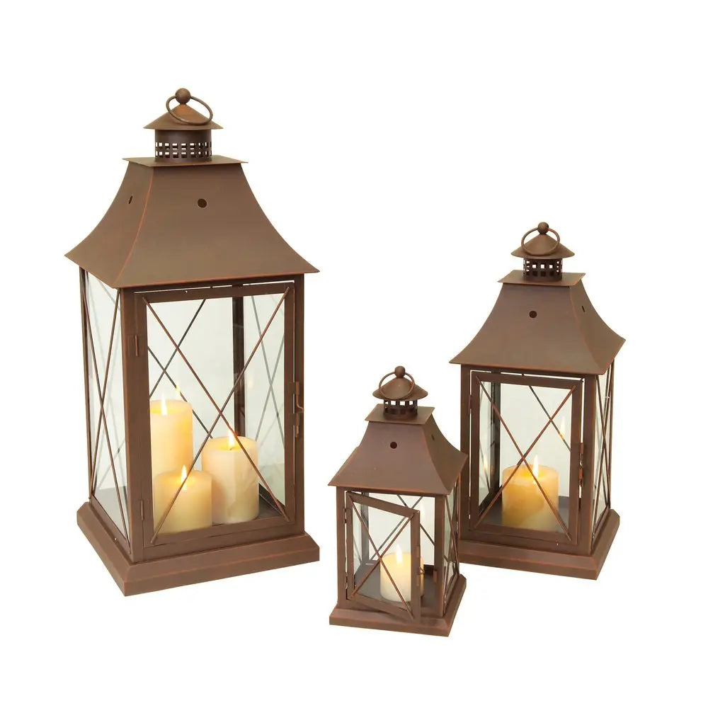 Set of Three Brown Lattice Glass And Metal Floor Lantern Candle Holders HomeRoots