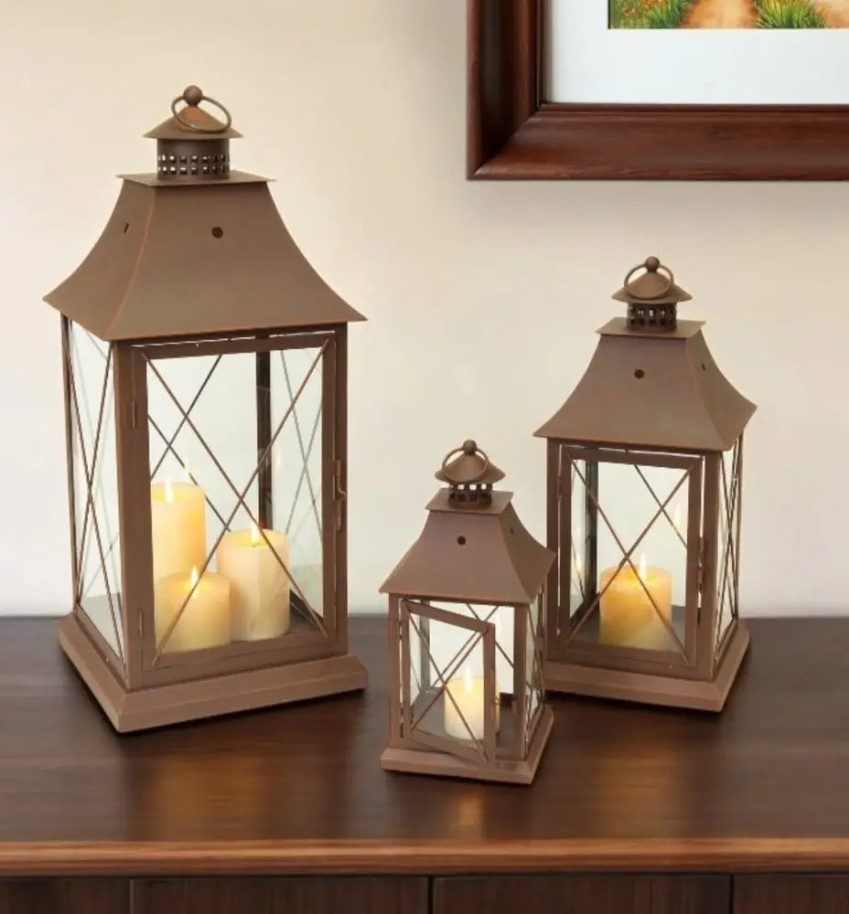 Set of Three Brown Lattice Glass And Metal Floor Lantern Candle Holders HomeRoots