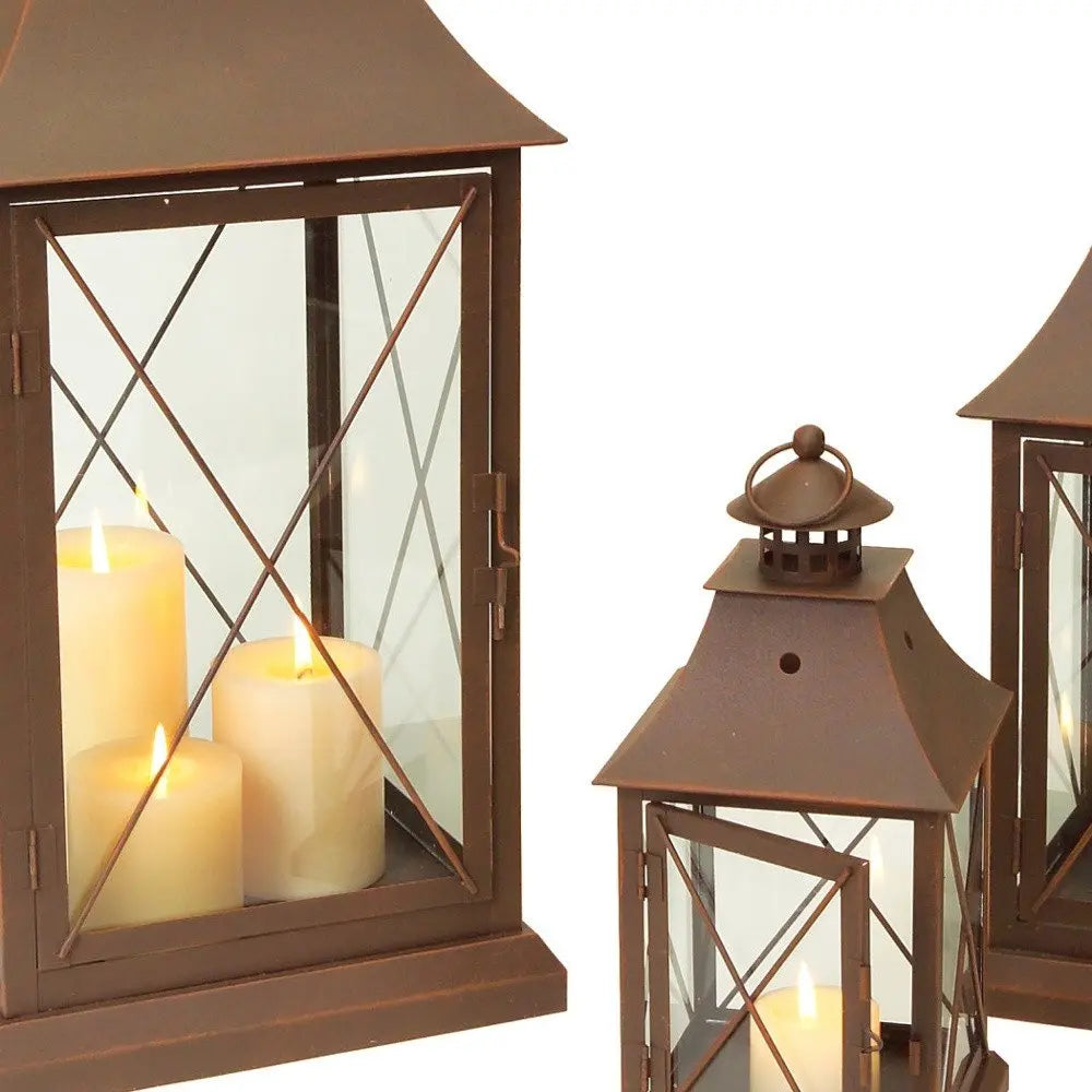 Set of Three Brown Lattice Glass And Metal Floor Lantern Candle Holders HomeRoots