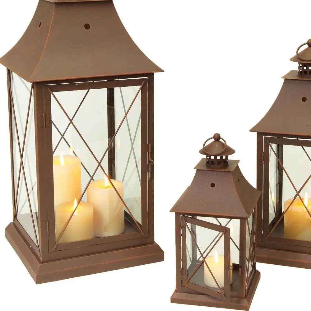 Set of Three Brown Lattice Glass And Metal Floor Lantern Candle Holders HomeRoots