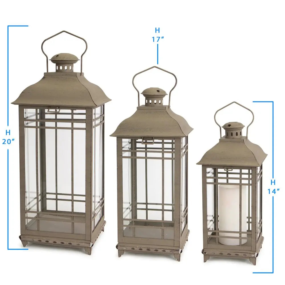 Set of Three Brown Distressed Geometric Glass And Metal Floor Lantern Candle Holders HomeRoots