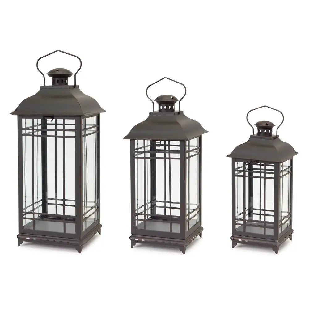 Set of Three Black Distressed Geometric Glass And Metal Floor Lantern Candle Holders HomeRoots
