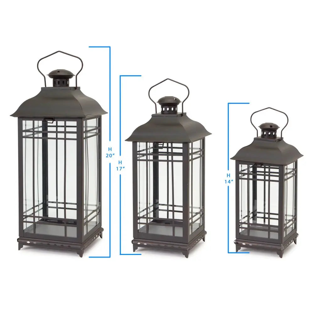 Set of Three Black Distressed Geometric Glass And Metal Floor Lantern Candle Holders HomeRoots