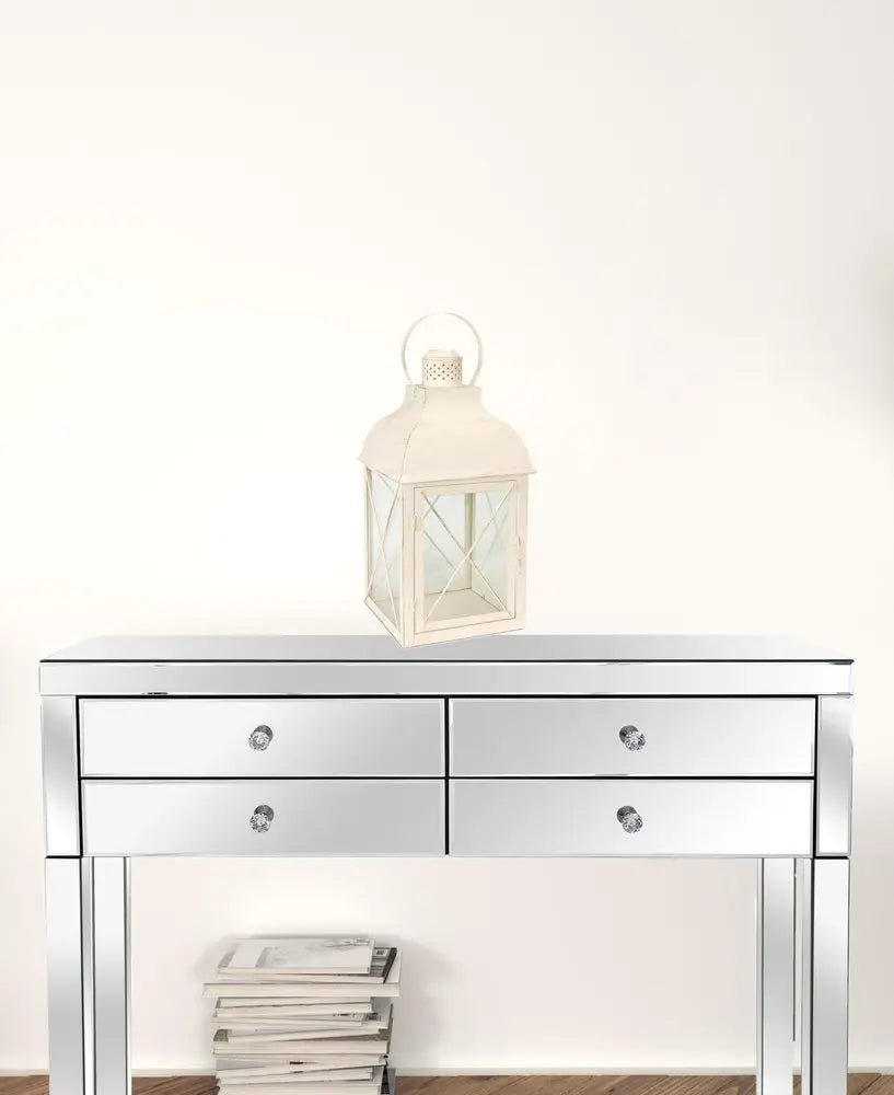 Set of Three Ivory Distressed Geometric Glass And Metal Floor Lantern Candle Holders HomeRoots