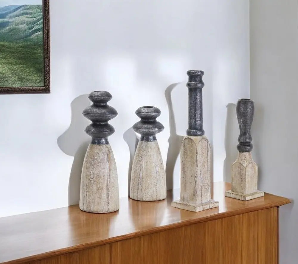 Set of Four Natural and Black Resin and Stone Powder Ornate Tabletop HomeRoots