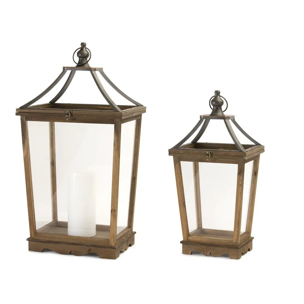 Set of Two Brown Distressed Geometric Wood And Metal Floor Lantern Candle Holders HomeRoots