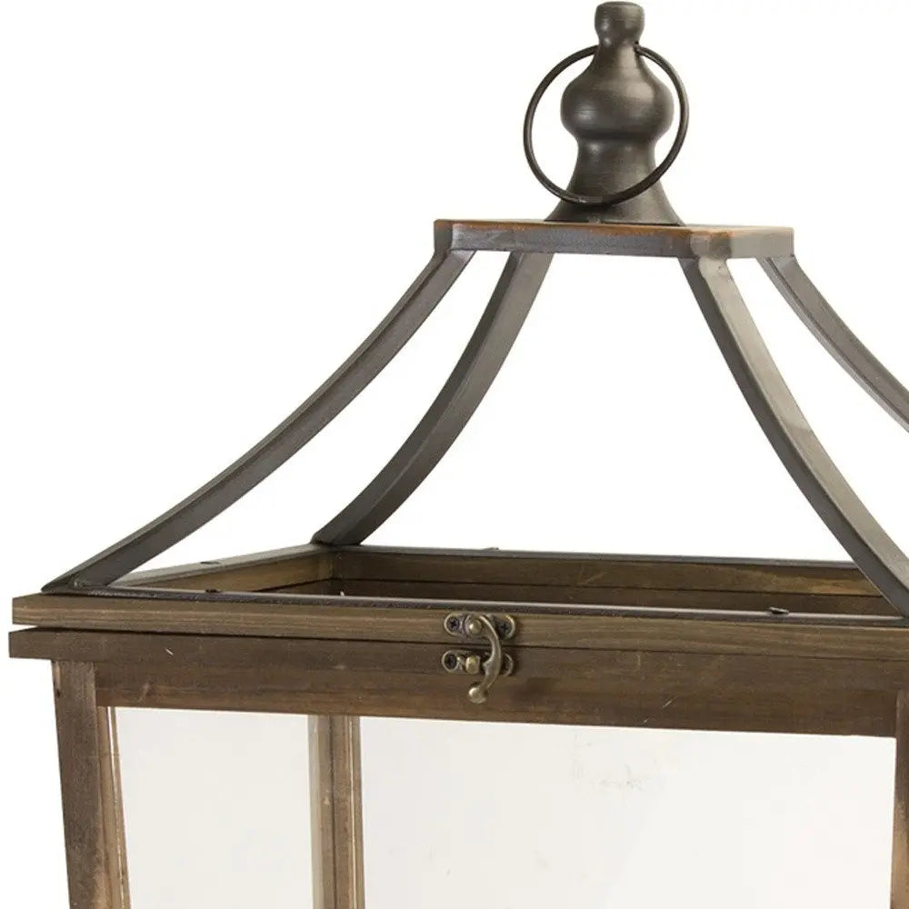 Set of Two Brown Distressed Geometric Wood And Metal Floor Lantern Candle Holders HomeRoots