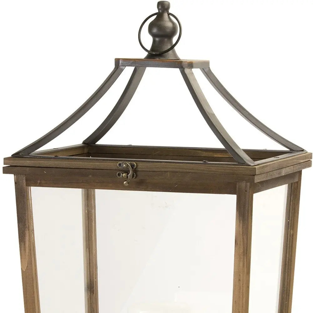 Set of Two Brown Distressed Geometric Wood And Metal Floor Lantern Candle Holders HomeRoots