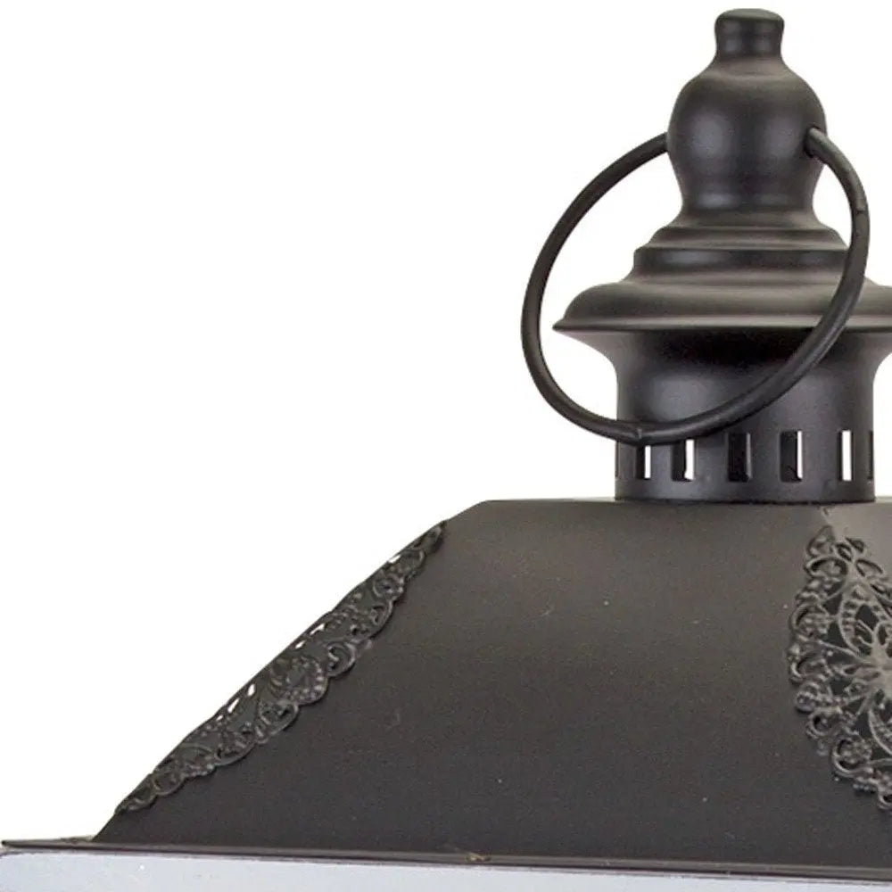 Set of Two White And Black Distressed Ornate Glass Wood And Metal Floor Lantern Candle Holders HomeRoots