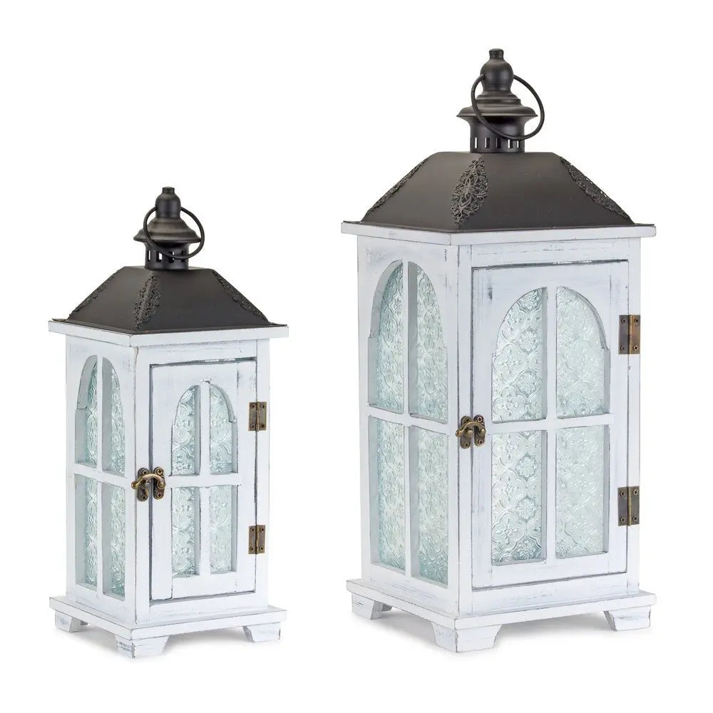 Set of Two White And Black Distressed Ornate Glass Wood And Metal Floor Lantern Candle Holders HomeRoots