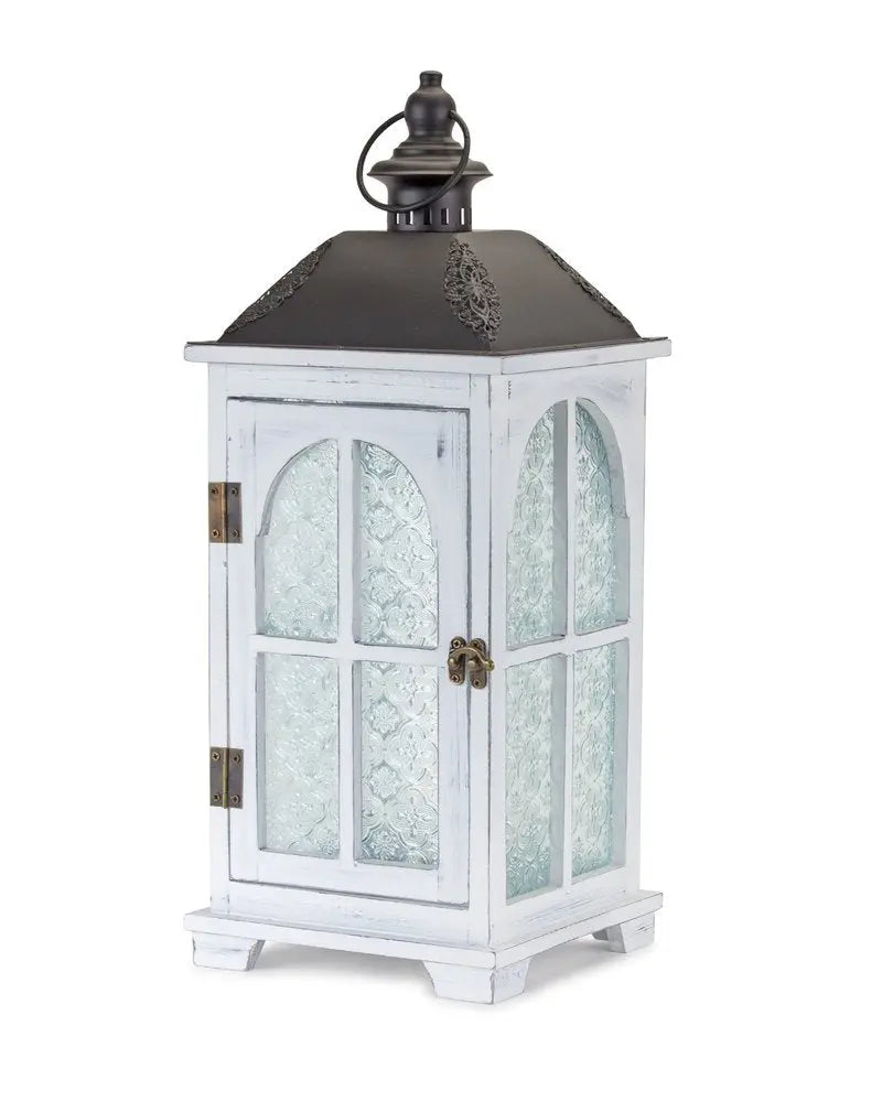 Set of Two White And Black Distressed Ornate Glass Wood And Metal Floor Lantern Candle Holders HomeRoots