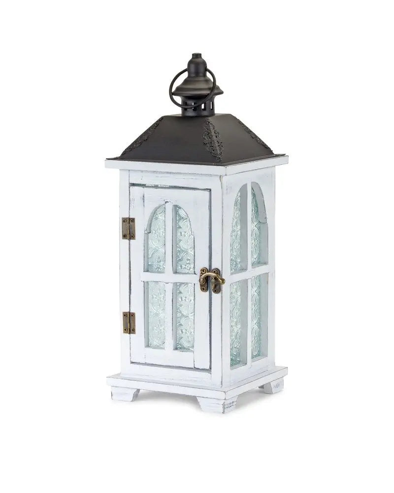Set of Two White And Black Distressed Ornate Glass Wood And Metal Floor Lantern Candle Holders HomeRoots