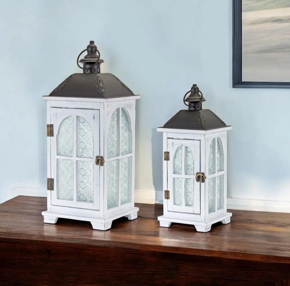 Set of Two White And Black Distressed Ornate Glass Wood And Metal Floor Lantern Candle Holders HomeRoots