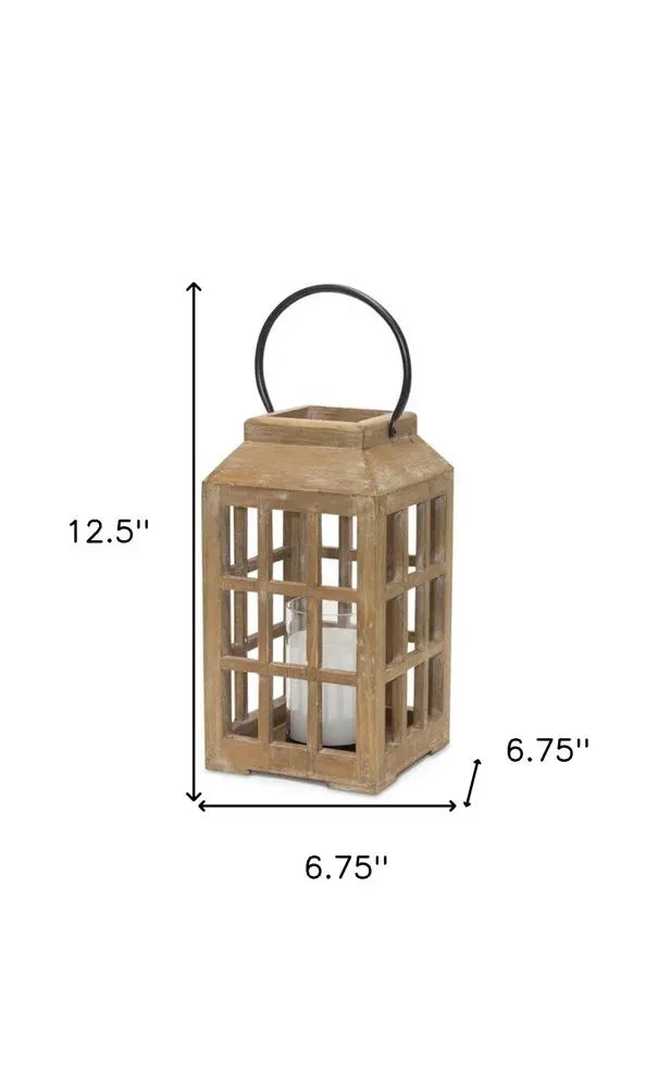 13" Natural Distressed Wood And Glass Centerpiece Lantern Candle Holder HomeRoots