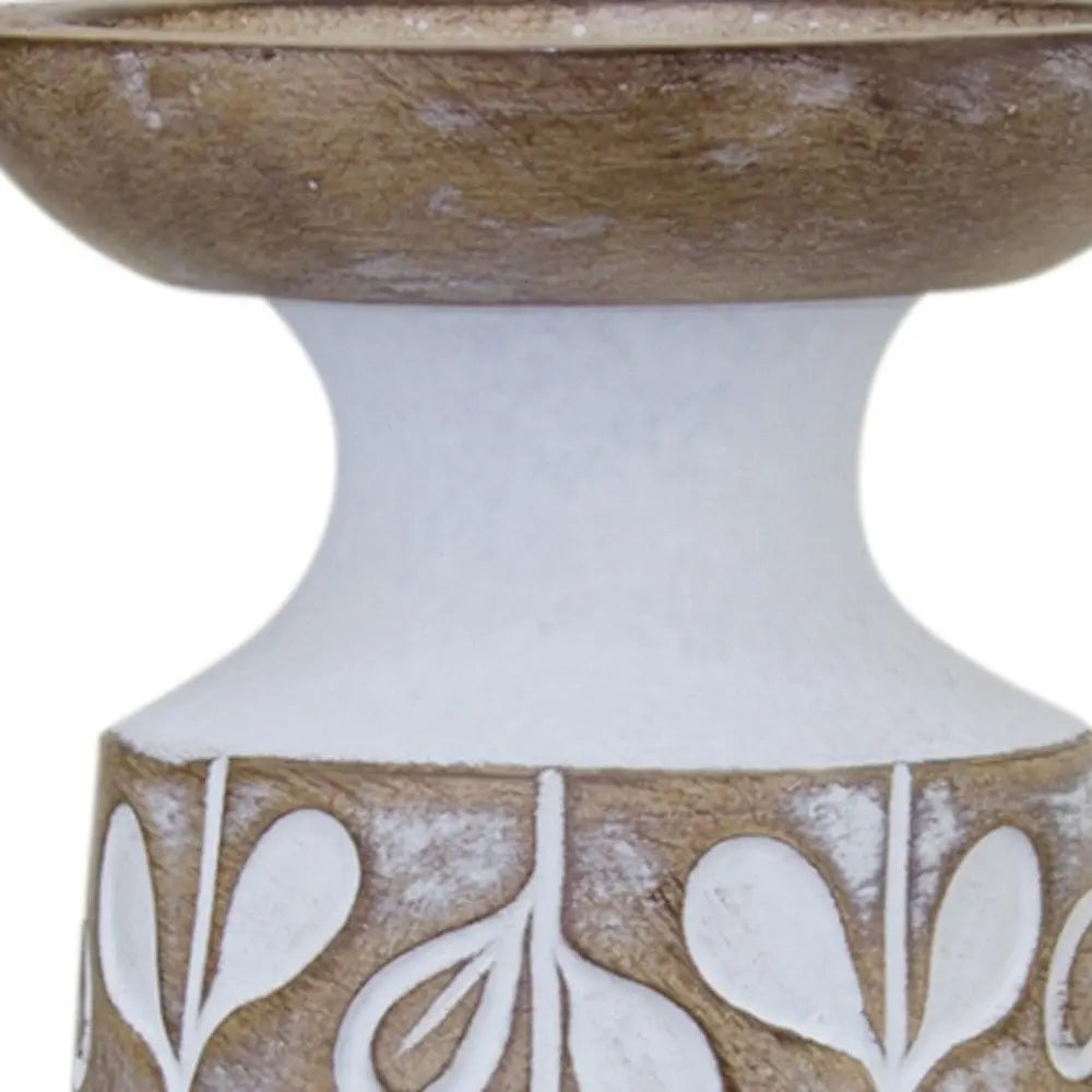 Set of Three Brown And White Botanical Leaf Stone Powder Tabletop Pillar Candle Holders HomeRoots