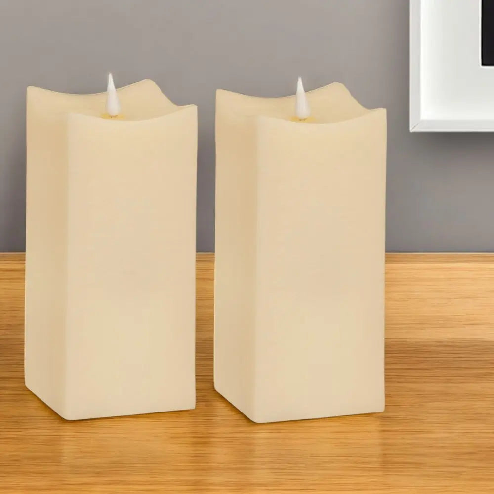 Set of Two Beige Square Flameless Pillar Candles HomeRoots