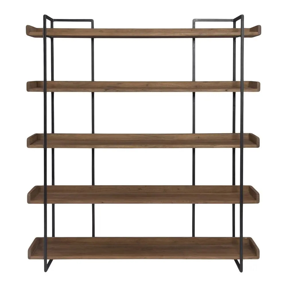 76" Brown and Black Metal and Wood Five Tier Bookcase